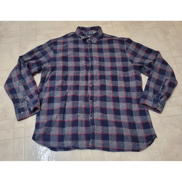 Haggar Mens Flannel Shirt Button Up Plaid Checkered Blue Gray Red Casual - Picture 1 of 4